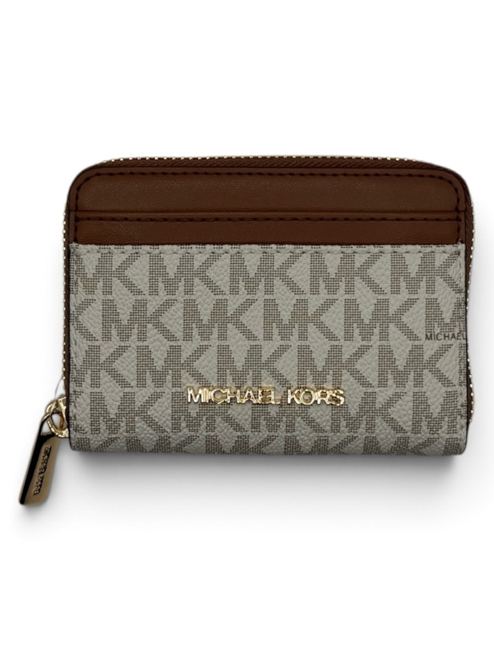Michael Kors Brown and Beige MK Logo Zip Card Holder